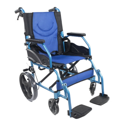 Sedia a rotelle pieghevole in alluminio con freno a leva blu