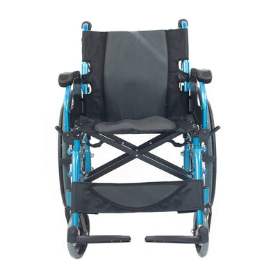 Sedia a rotelle pieghevole con schienale sdoppiato e braccioli pieghevoli colore blu